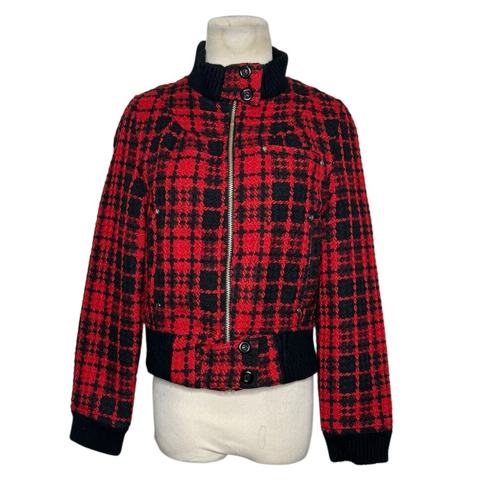 Jou Jou red black plaid woven zippered jacket size Small